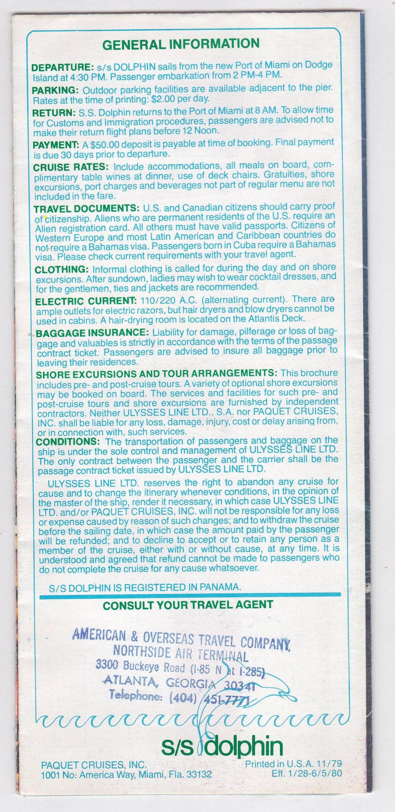 ss Dolphin Paquet Ulysses Cruises 1980 Nassau Freeport Bahamas Brochure - TulipStuff