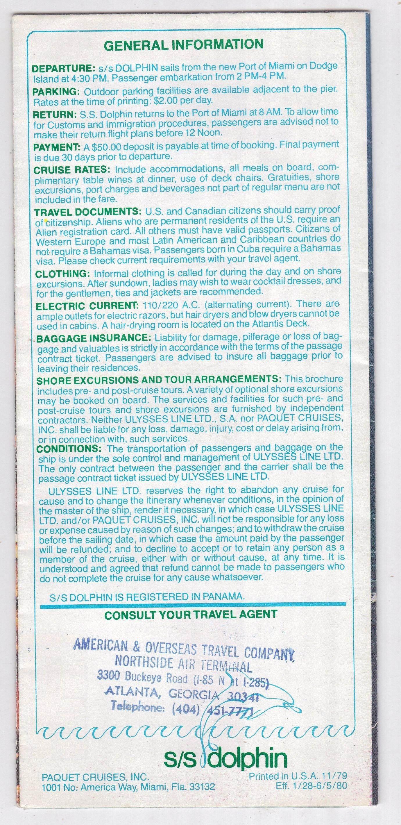 ss Dolphin Paquet Ulysses Cruises 1980 Nassau Freeport Bahamas Brochure - TulipStuff