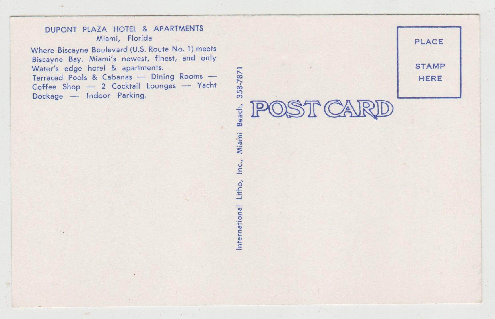 Dupont Plaza Hotel and Apartments Miami Florida 1950's Postcard - TulipStuff