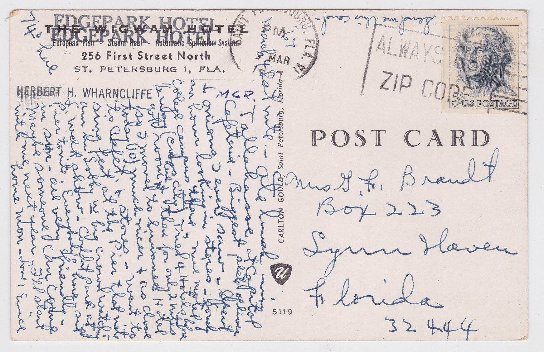 Edgepark Hotel 1st St N St Petersburg Florida Early 1960's Postcard - TulipStuff