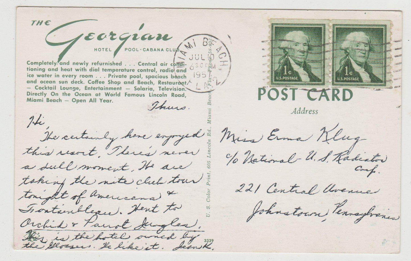 Georgian Hotel Pool Cabana Club Miami Beach Florida 1957 Postcard - TulipStuff