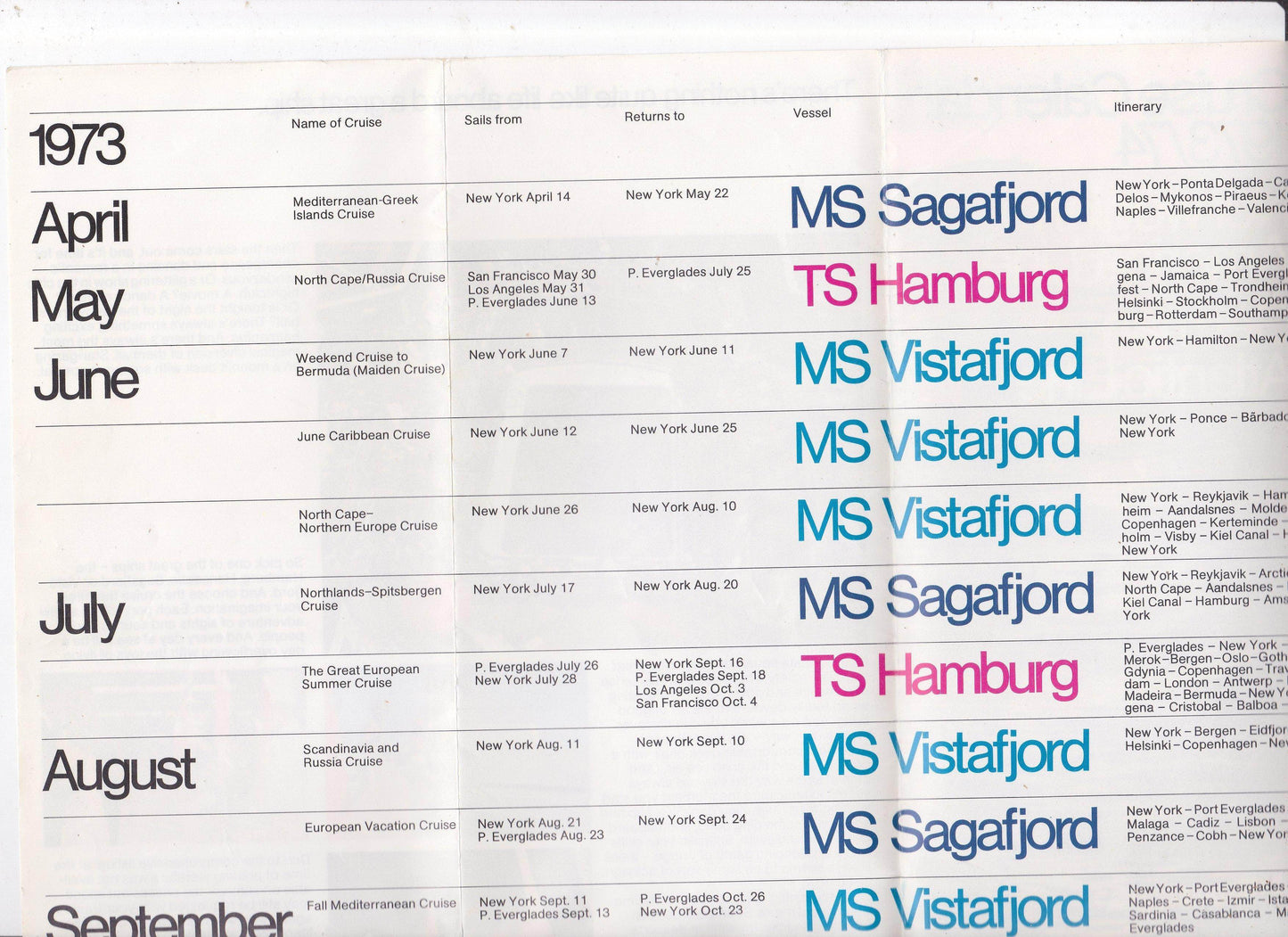 German Atlantic Line Norwegian America Line Cruise Calendar 1973-74 - TulipStuff