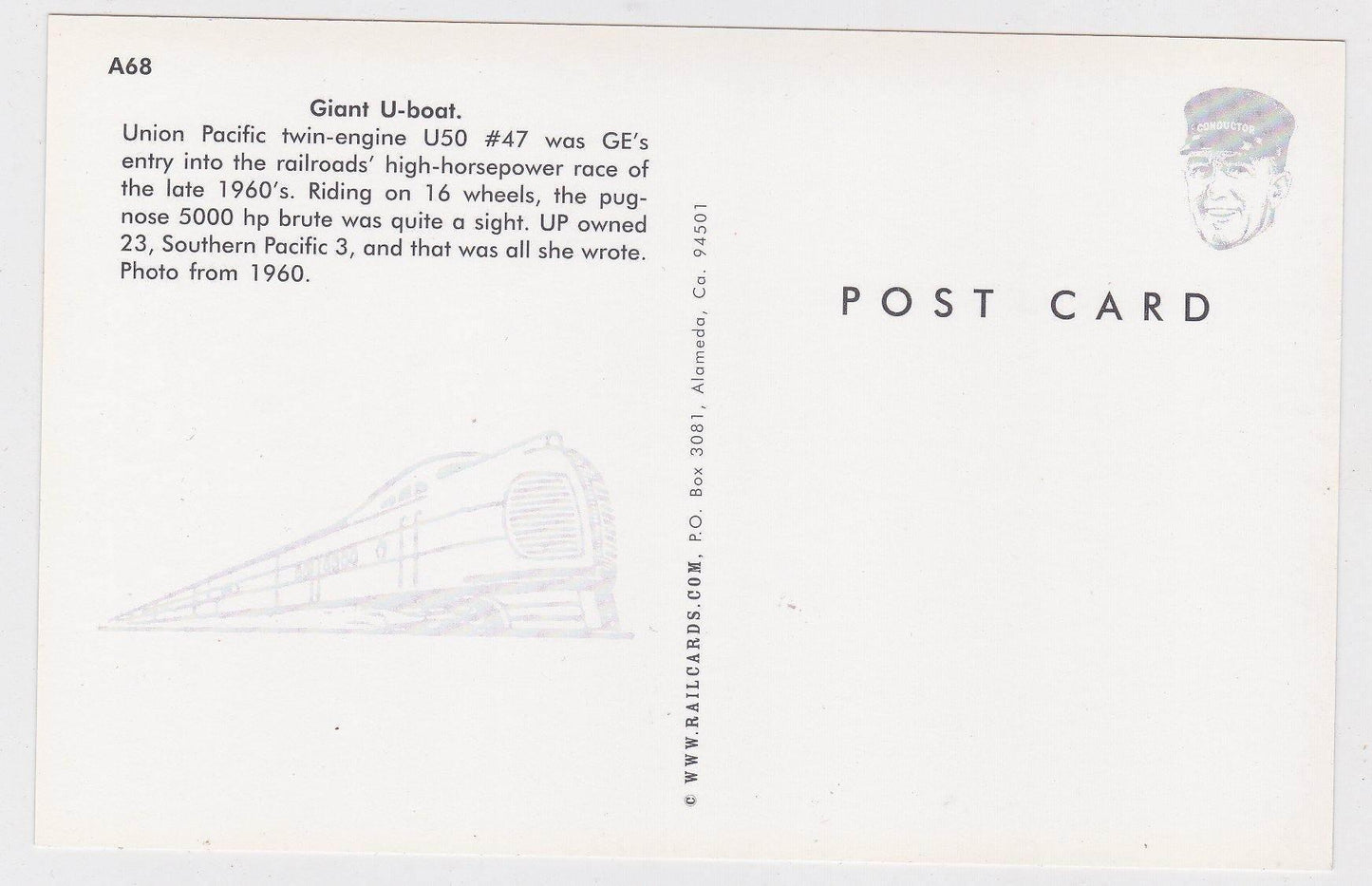 Union Pacific GE U50 U-Boat Locomotive Train Postcard - TulipStuff