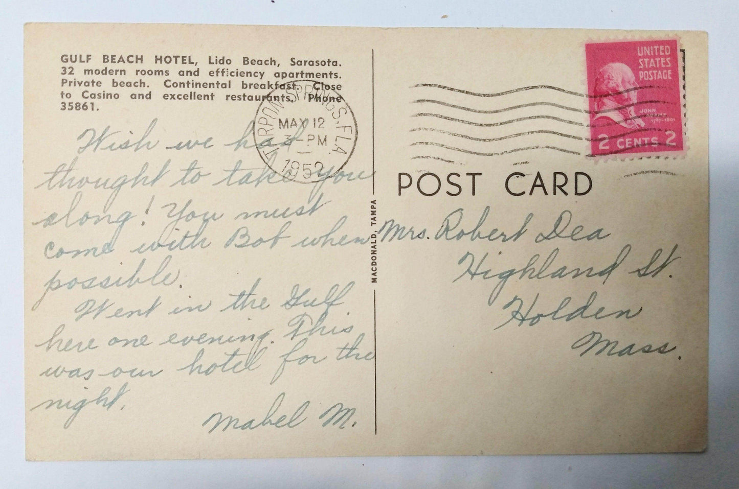 Gulf Beach Hotel Lido Beach Sarasota Florida 1952 - TulipStuff