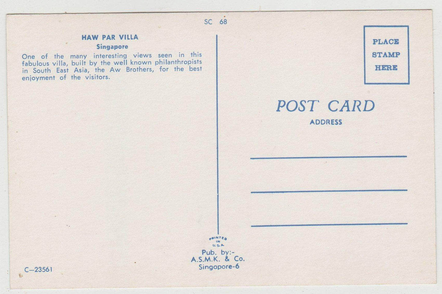 Haw Par Villa Singapore Late 1950's Early 1960's Postcard - TulipStuff