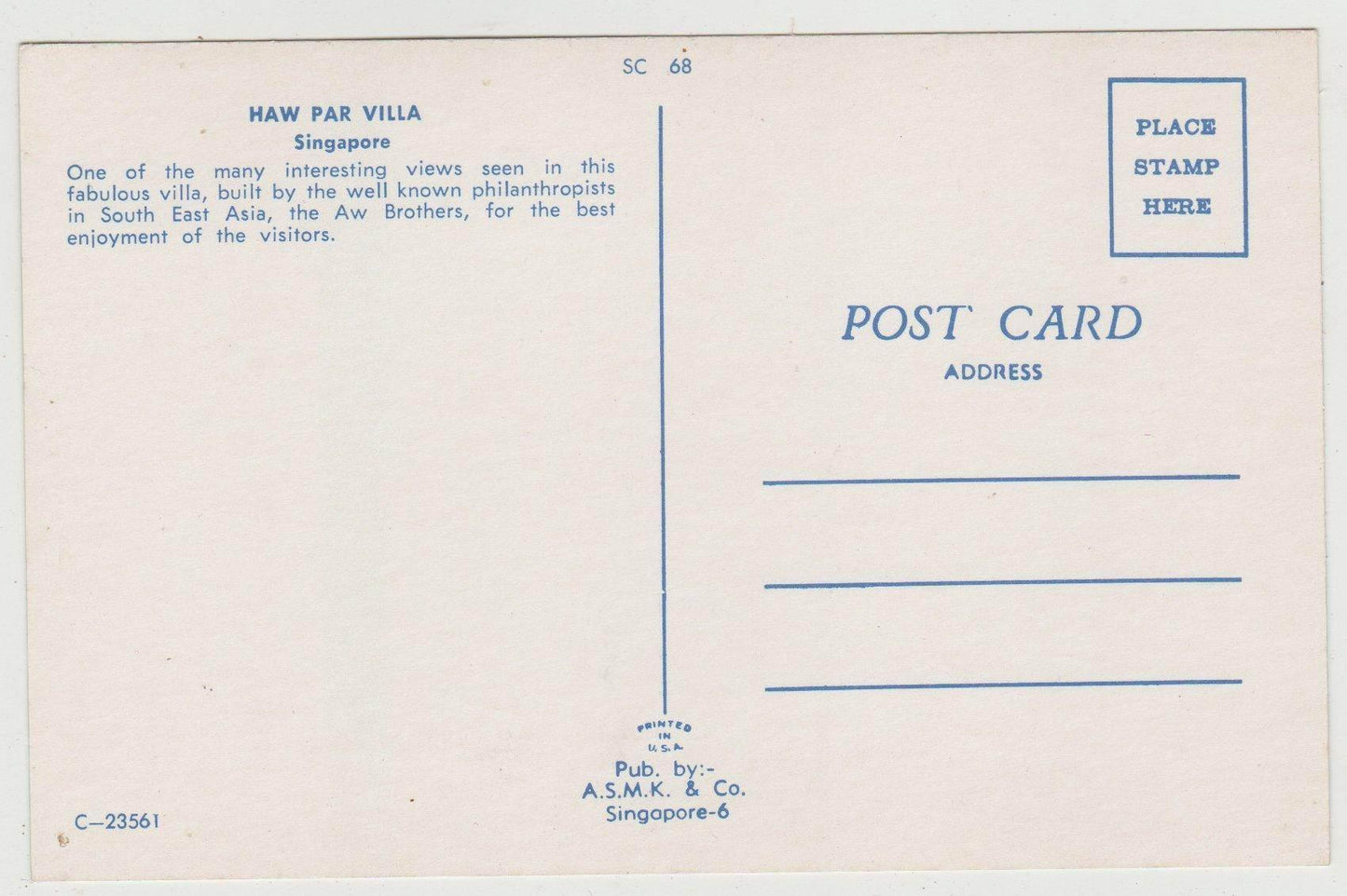 Haw Par Villa Singapore Late 1950's Early 1960's Postcard - TulipStuff