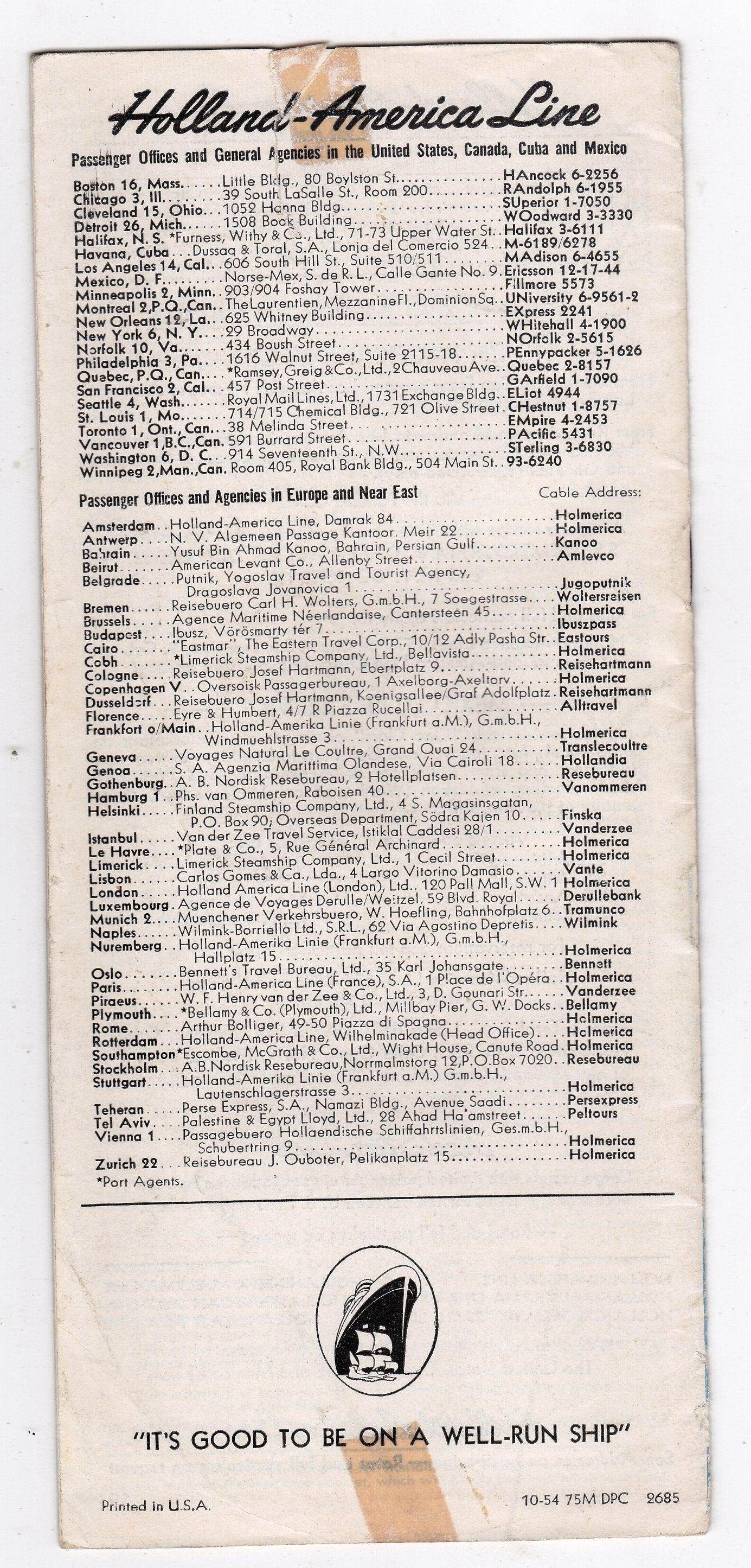Holland America Line 1954 Transatlantic Passage Fares Brochure 5 Ships - TulipStuff