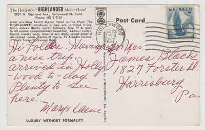 Hollywood Highlander Motor Hotel California Postcard 1958 - TulipStuff