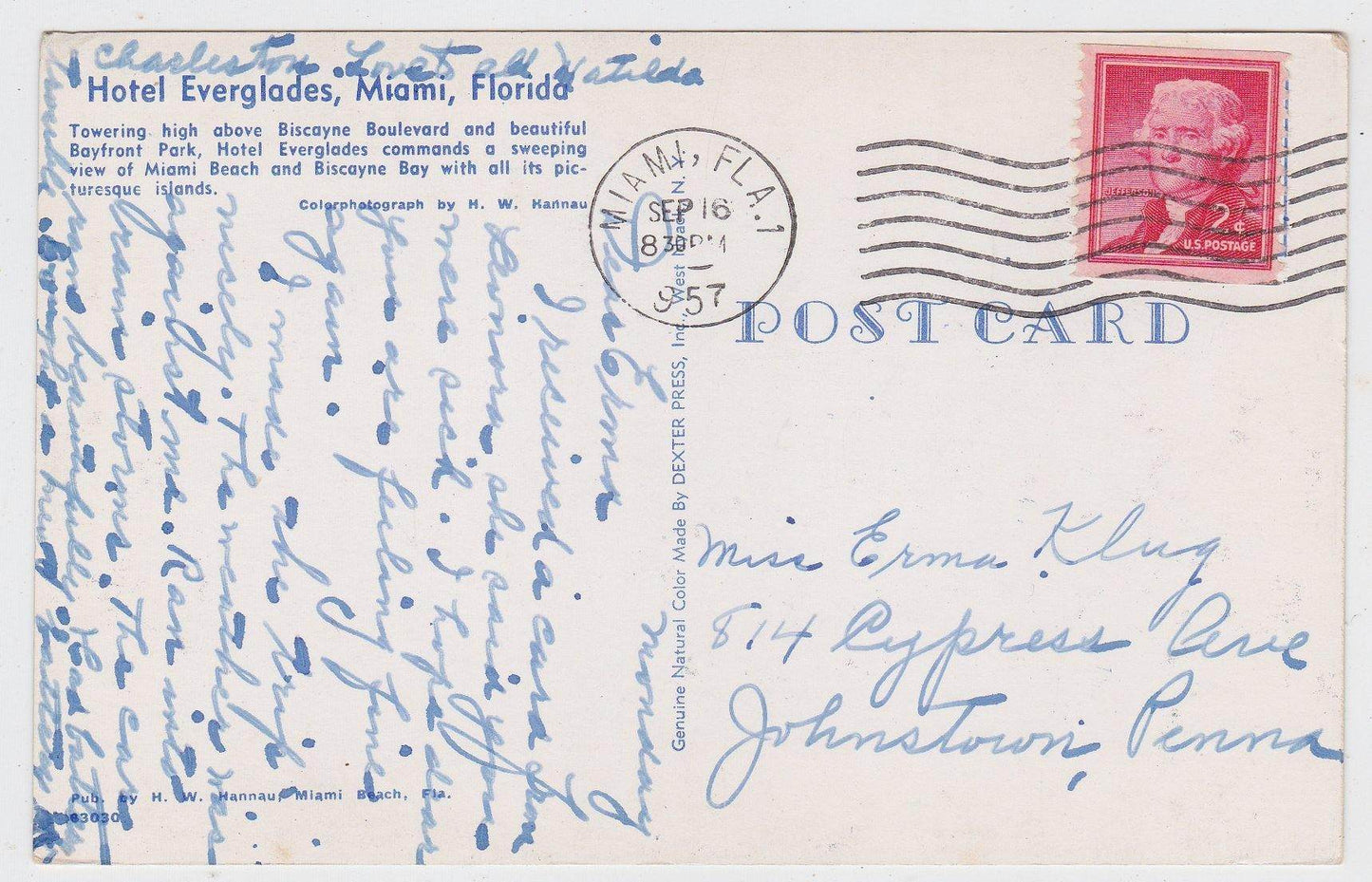 Hotel Everglades Bayfront Park Miami Florida Mid 1950's Postcard - TulipStuff