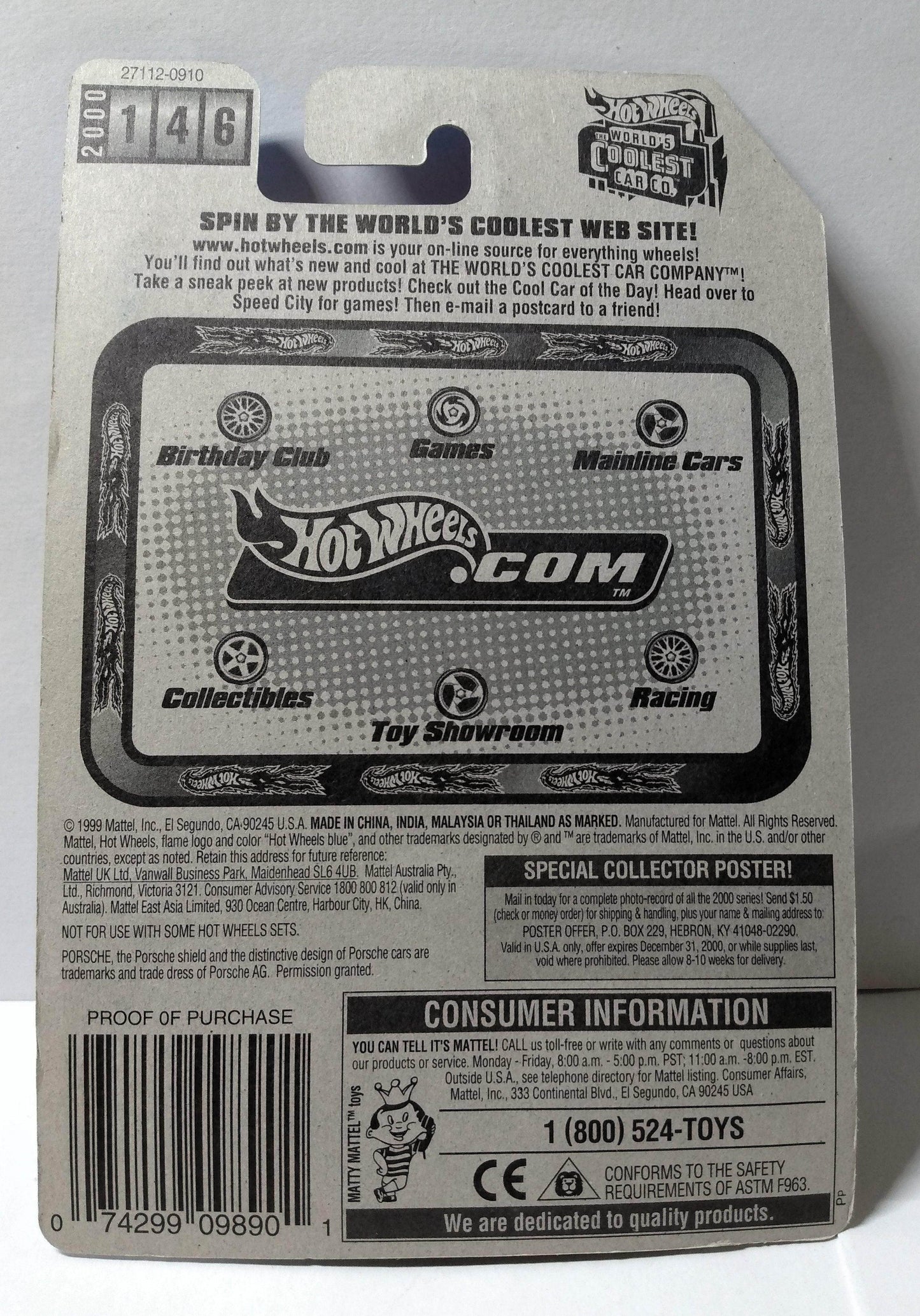 Hot Wheels 2000 Collector #146 Porsche 911 Carrera Sports Car - TulipStuff