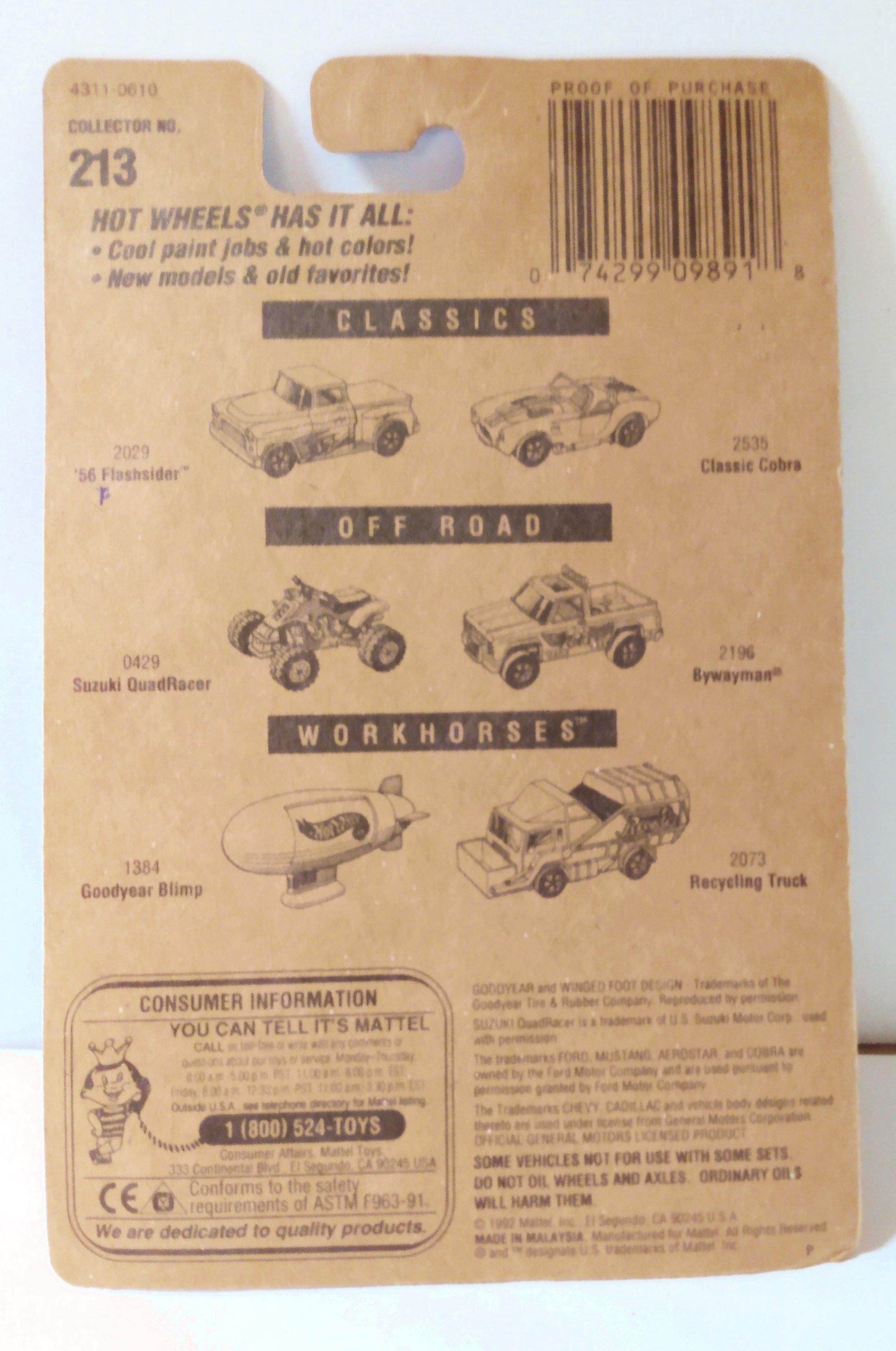 Hot Wheels Collector #213 '57 Chevy 1992 uh Chevy Emblem On Door - TulipStuff