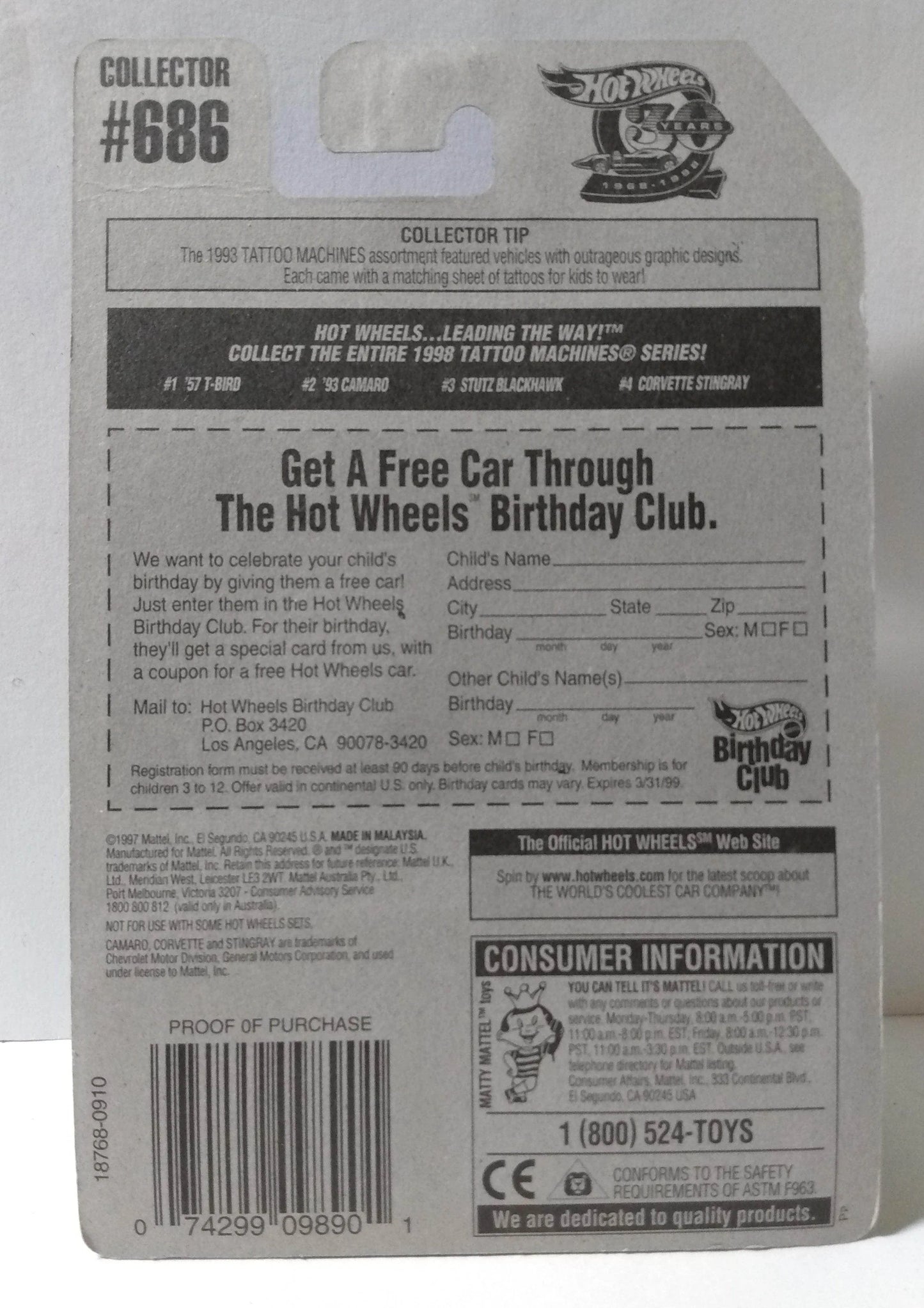 Hot Wheels Tattoo Machines Collector #686 '93 Camaro Chevrolet - TulipStuff