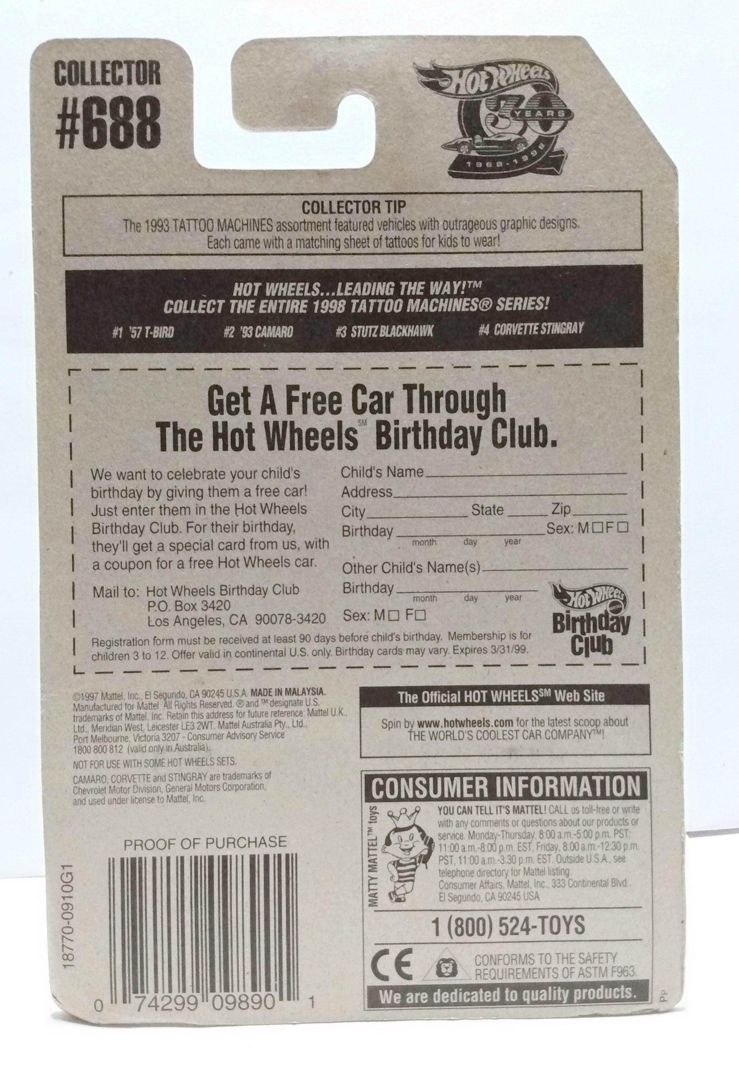 Hot Wheels Tattoo Machines Chevrolet Corvette Stingray Collector #688 - TulipStuff