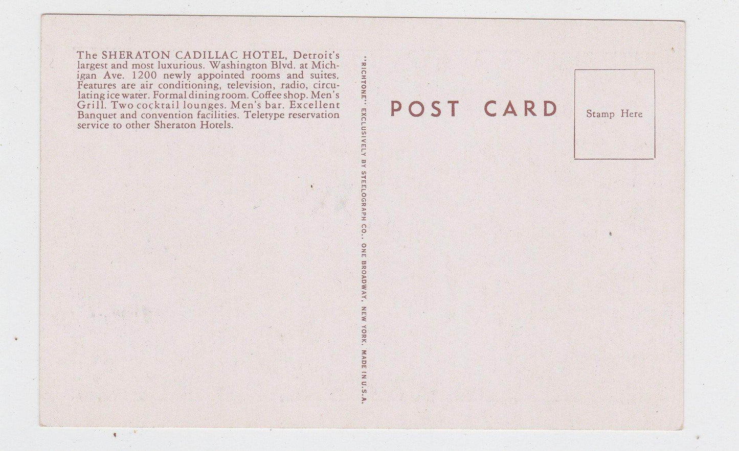 Sheraton-Cadillac Hotel Detroit Michigan Postcard 1950's - TulipStuff
