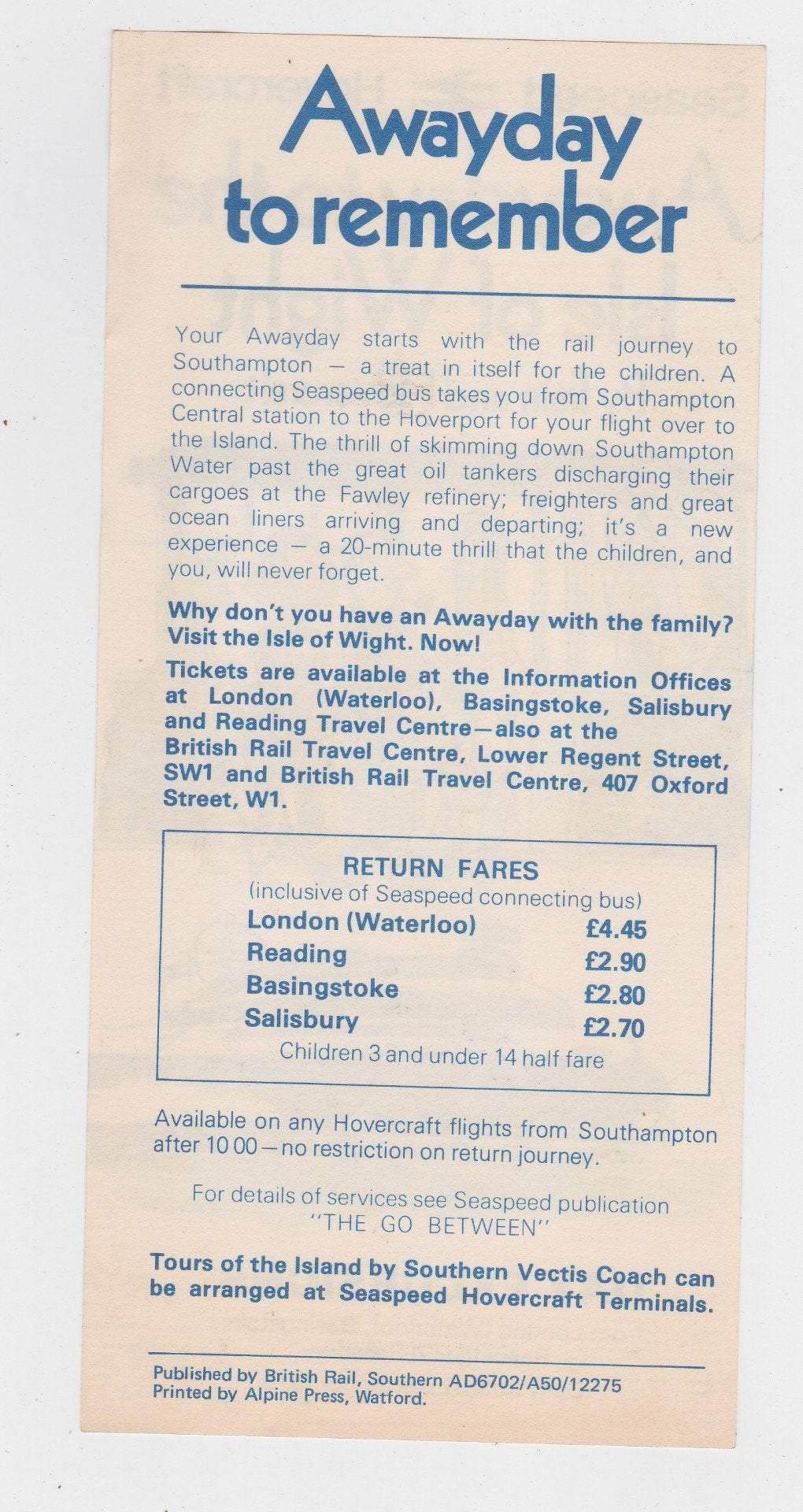 Seaspeed Hovercraft 1975 Isle of Wight Awayday Day Excursions British Rail Brochure - TulipStuff