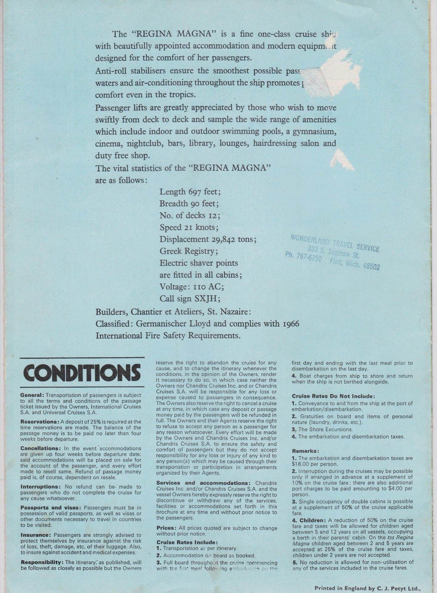 Chandris Cruises tss Regina Magna 1974 Lands of the Midnight Sun Brochure - TulipStuff