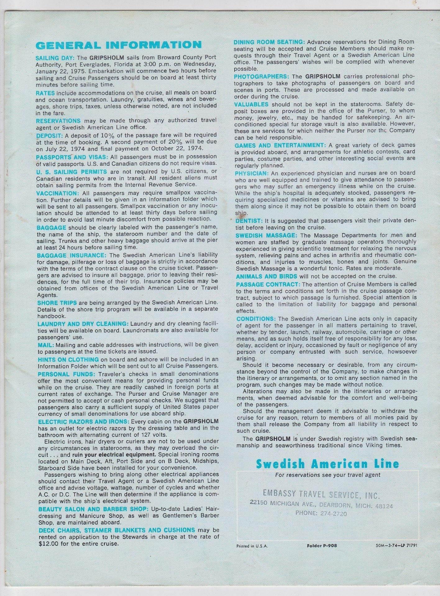 Swedish American Line M.S. Gripsholm 1975 Around South America Brochure - TulipStuff