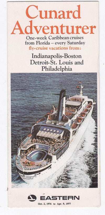 Cunard Adventurer 1976-77 Caribbean Fly Cruises Cunard Line Eastern Airlines Brochure - TulipStuff