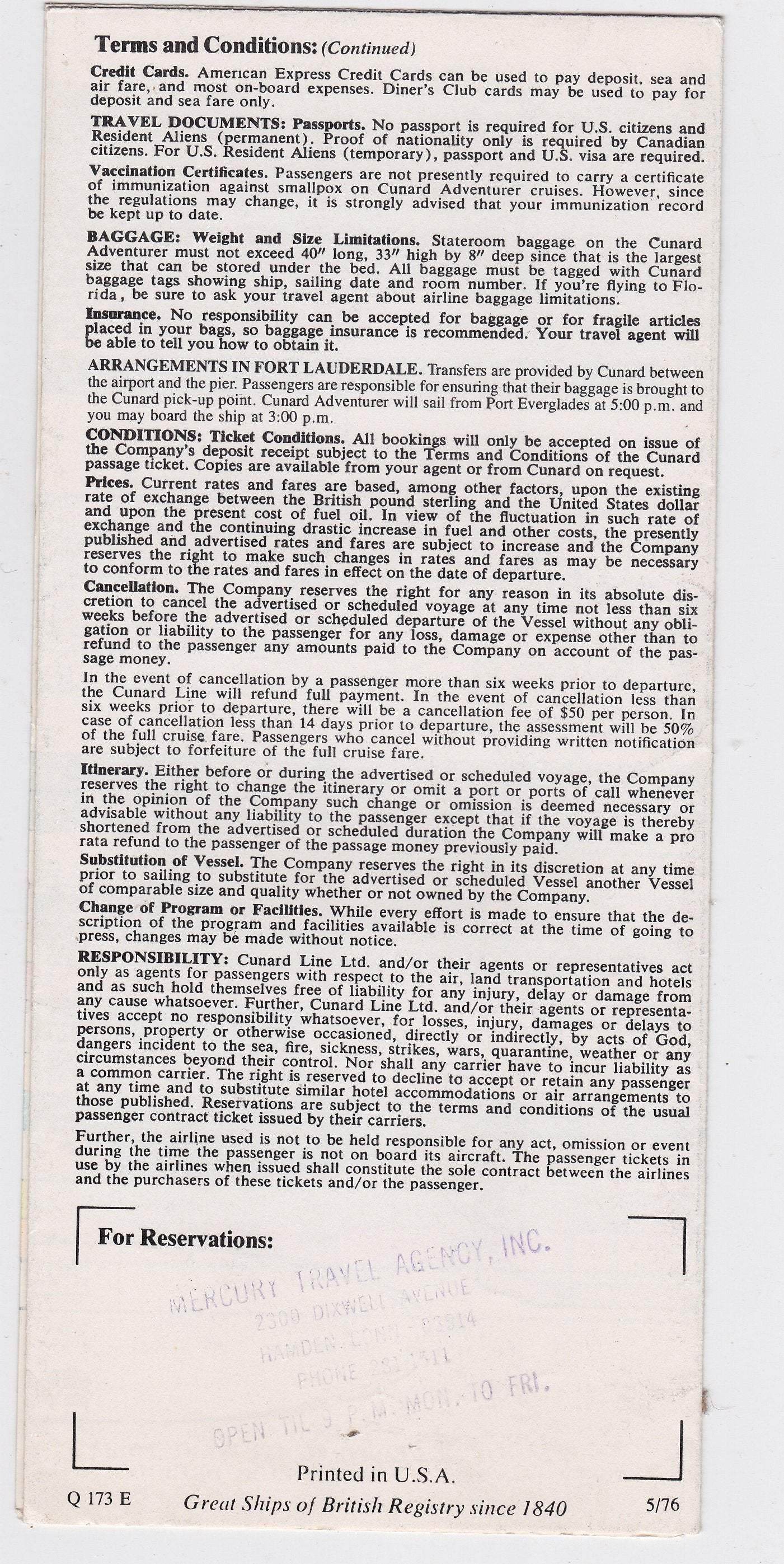 Cunard Adventurer 1976-77 Caribbean Fly Cruises Cunard Line Eastern Airlines Brochure - TulipStuff