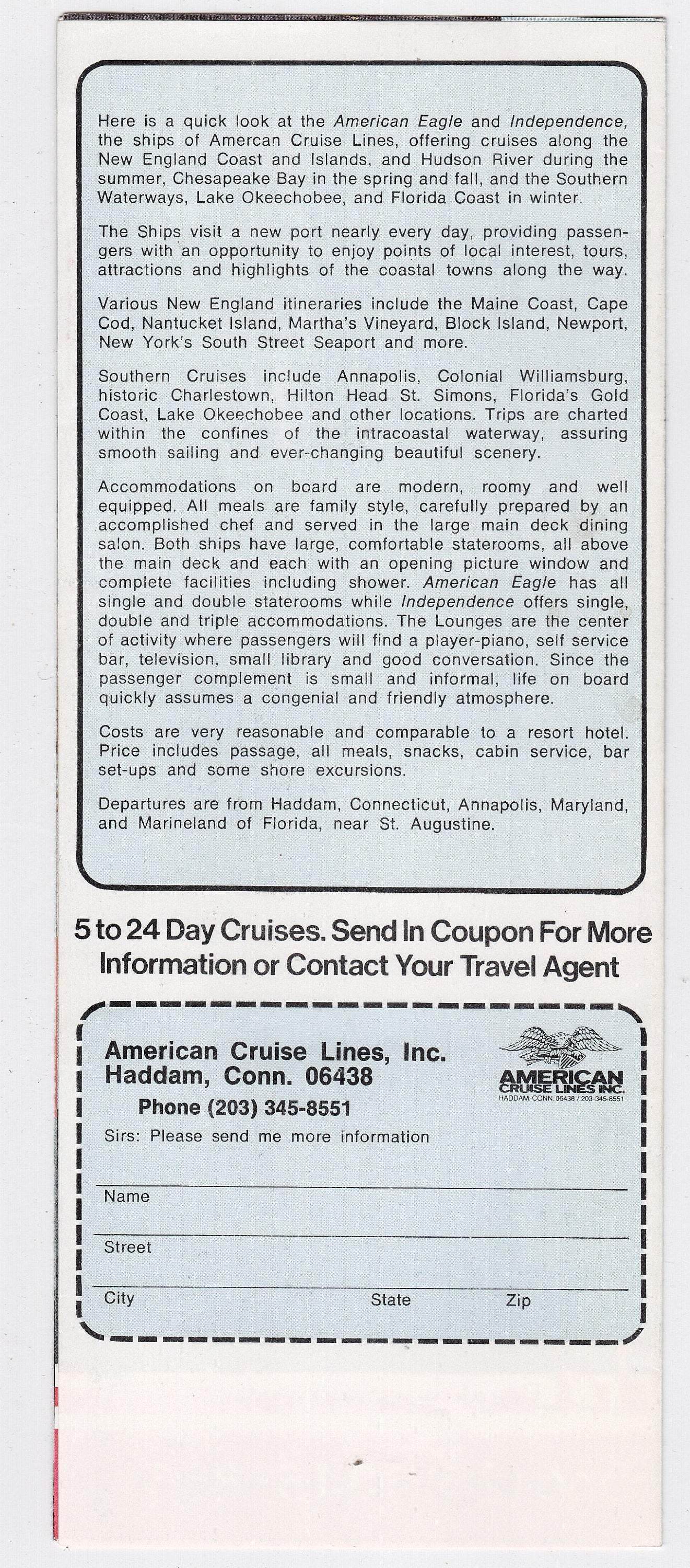 American Cruise Lines 1976 American Eagle Independence Cruise Brochure Haddam Ct East Coast Cruises - TulipStuff