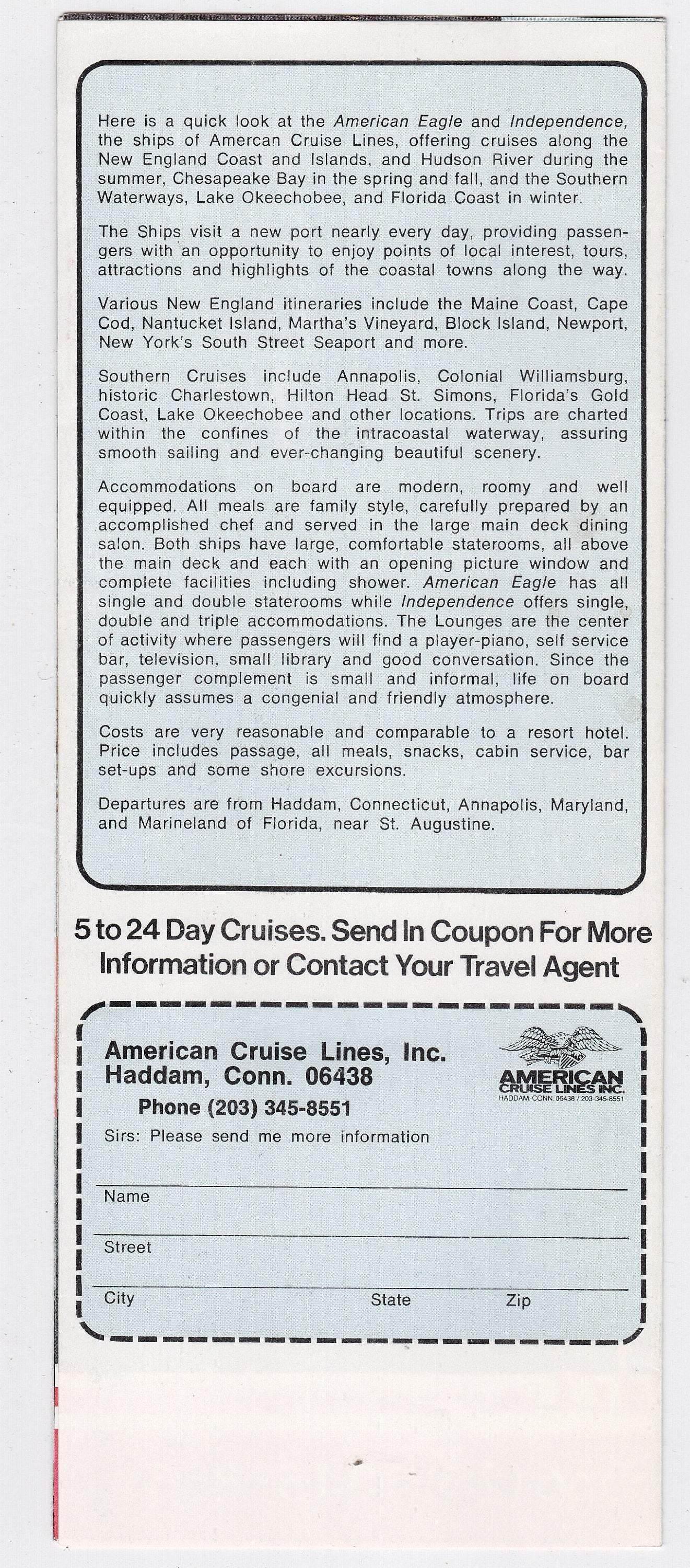 American Cruise Lines 1976 American Eagle Independence Cruise Brochure Haddam Ct East Coast Cruises - TulipStuff
