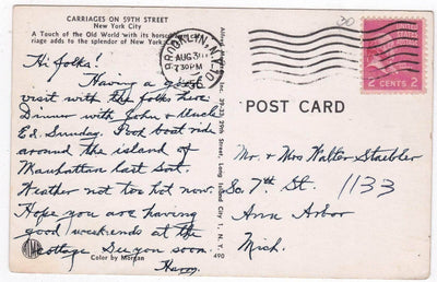 Horse Carriages on 59th Street Central Park New York City 1950's Postcard - TulipStuff
