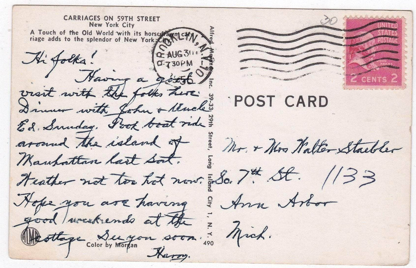 Horse Carriages on 59th Street Central Park New York City 1950's Postcard - TulipStuff