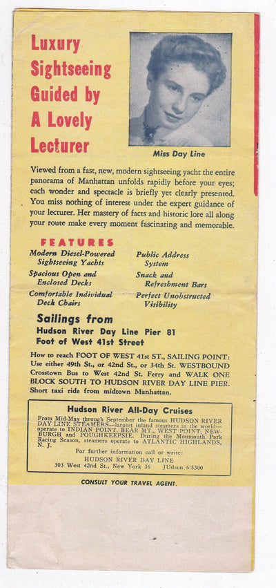 Hudson River Day Line New York Lecture Cruise 1950's Brochure Miss Day Line - TulipStuff