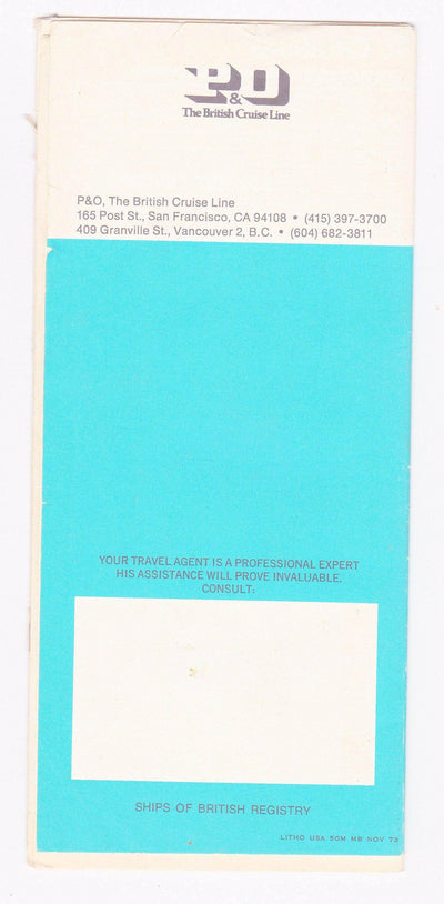 P&O The British Cruise Line 1973/74 Fares And Sailing Schedule Arcadia Spirit of London Canberra Oriana Oronsay - TulipStuff