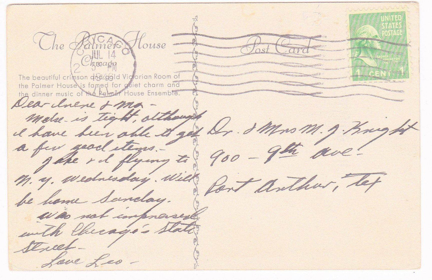 Victoria Room Palmer House Chicago Illinois Hotel Restaurant 1946 Postcard - TulipStuff