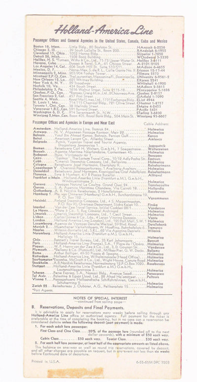 Holland America Line 1955 Transatlantic Sailing Schedule Nieuw Amsterdam Ryndam Maasdam Westerdam Noordam - TulipStuff