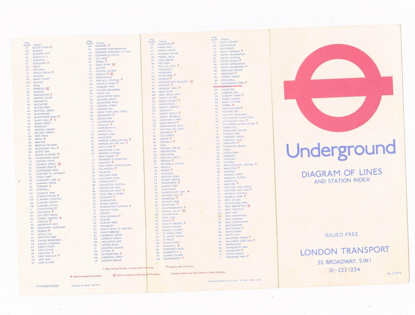 London Transport Underground Map and Tube Station Index Pocket Map 1974 No 1 - TulipStuff