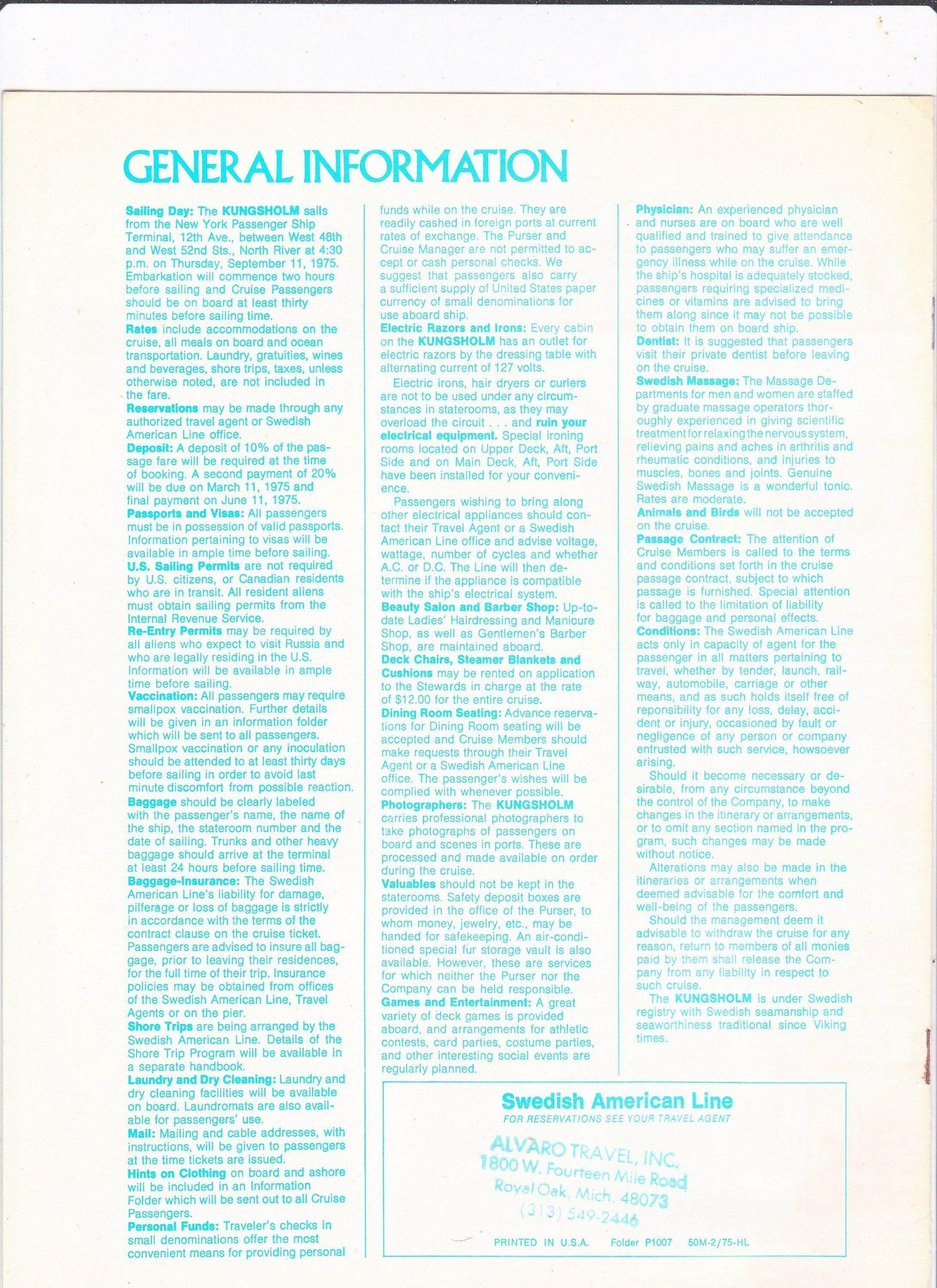 Swedish American Line ms Kungsholm 1975 Autumn Odyssey 40-day Cruise Brochure - TulipStuff