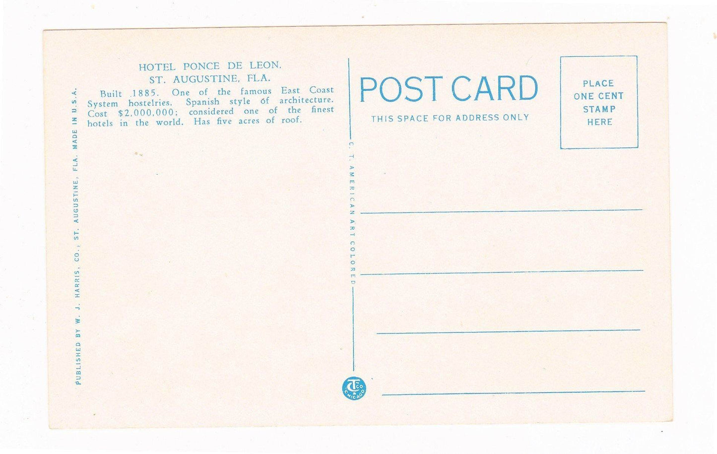 Hotel Ponce de Leon St Augustine Florida 1930's Postcard - TulipStuff