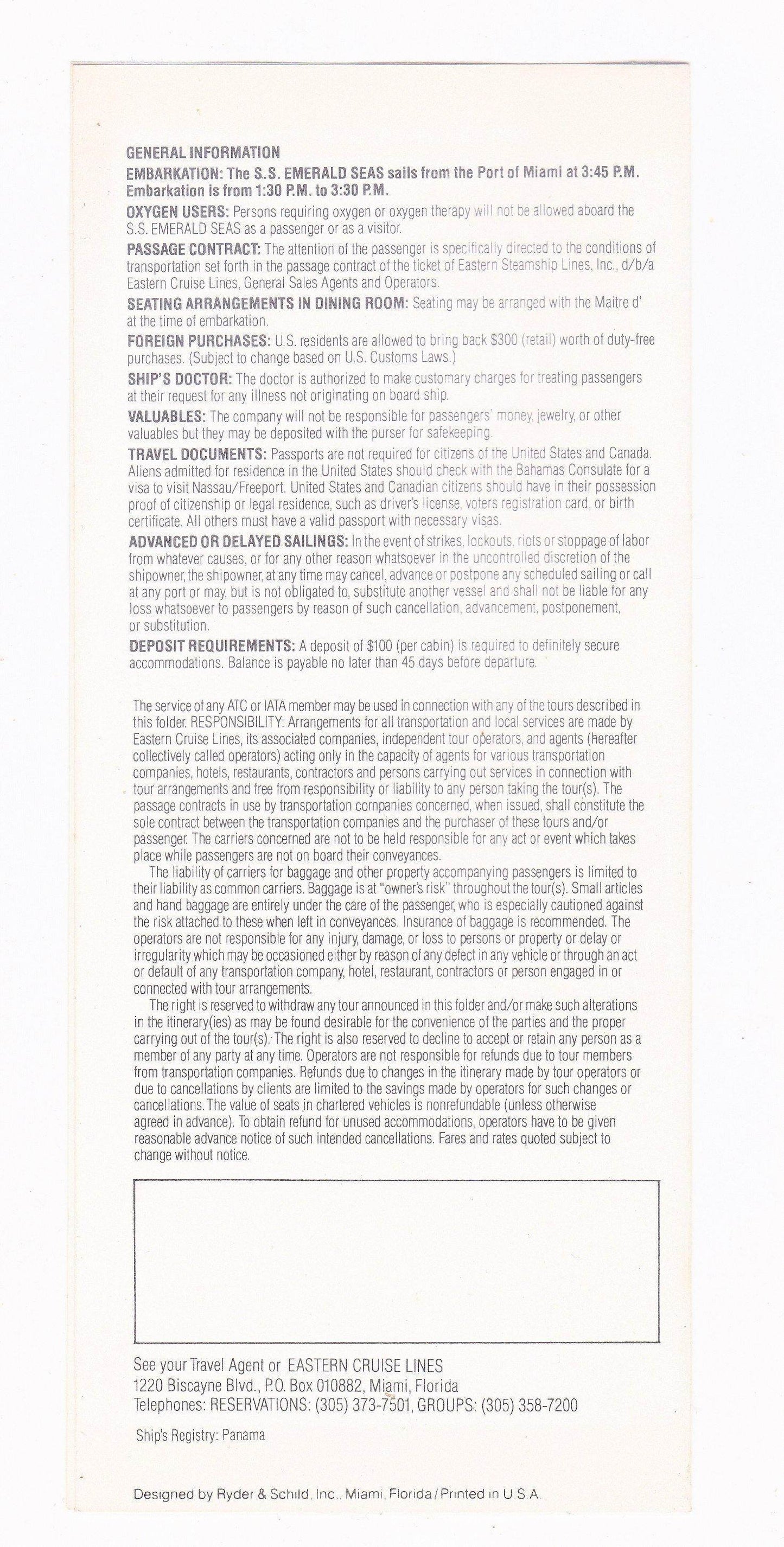 Eastern Cruise Lines ss Emerald Seas 1981-1982 Bahamas Cruises Brochure - TulipStuff