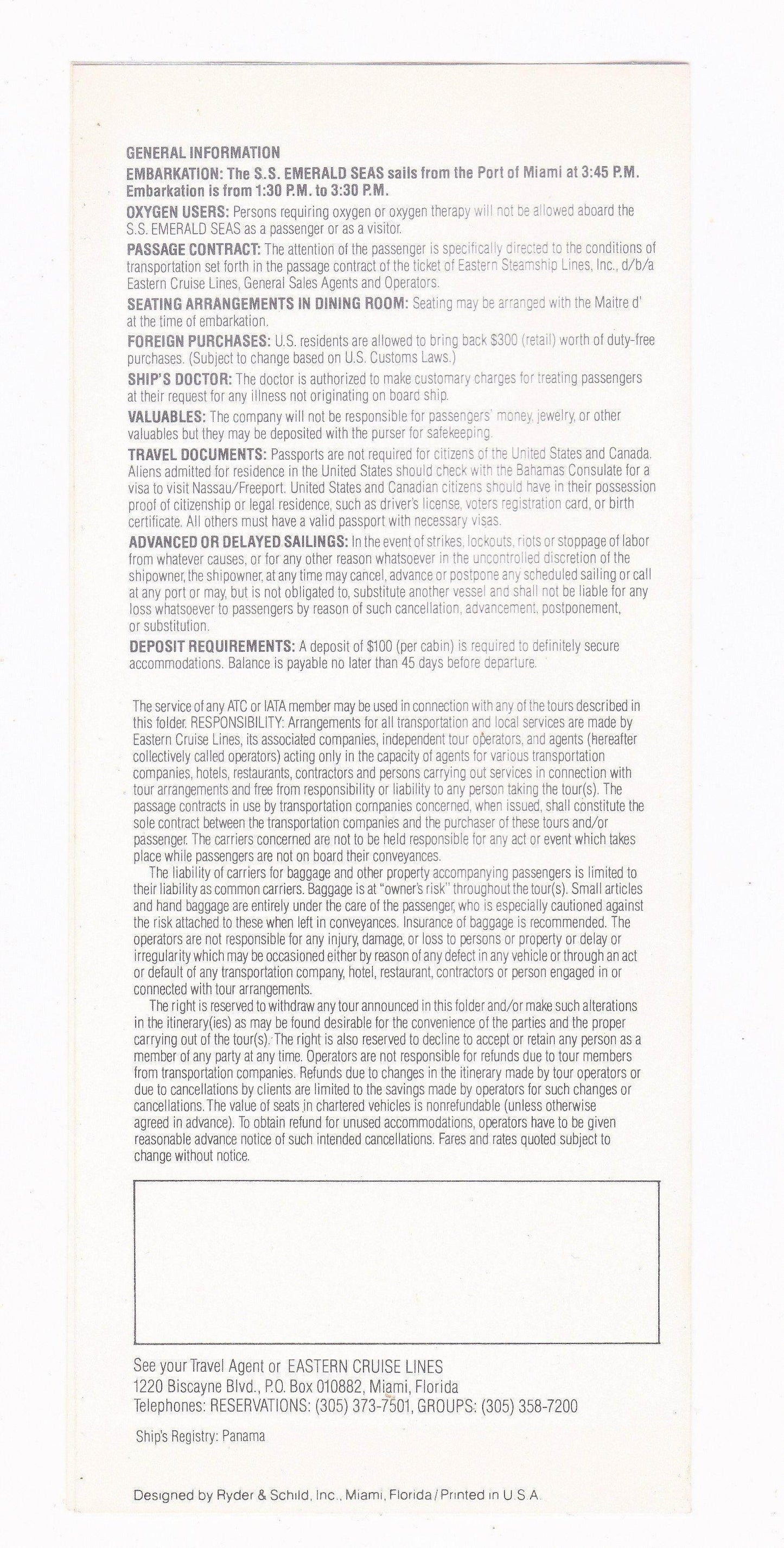 Eastern Cruise Lines ss Emerald Seas 1981-1982 Bahamas Cruises Brochure - TulipStuff