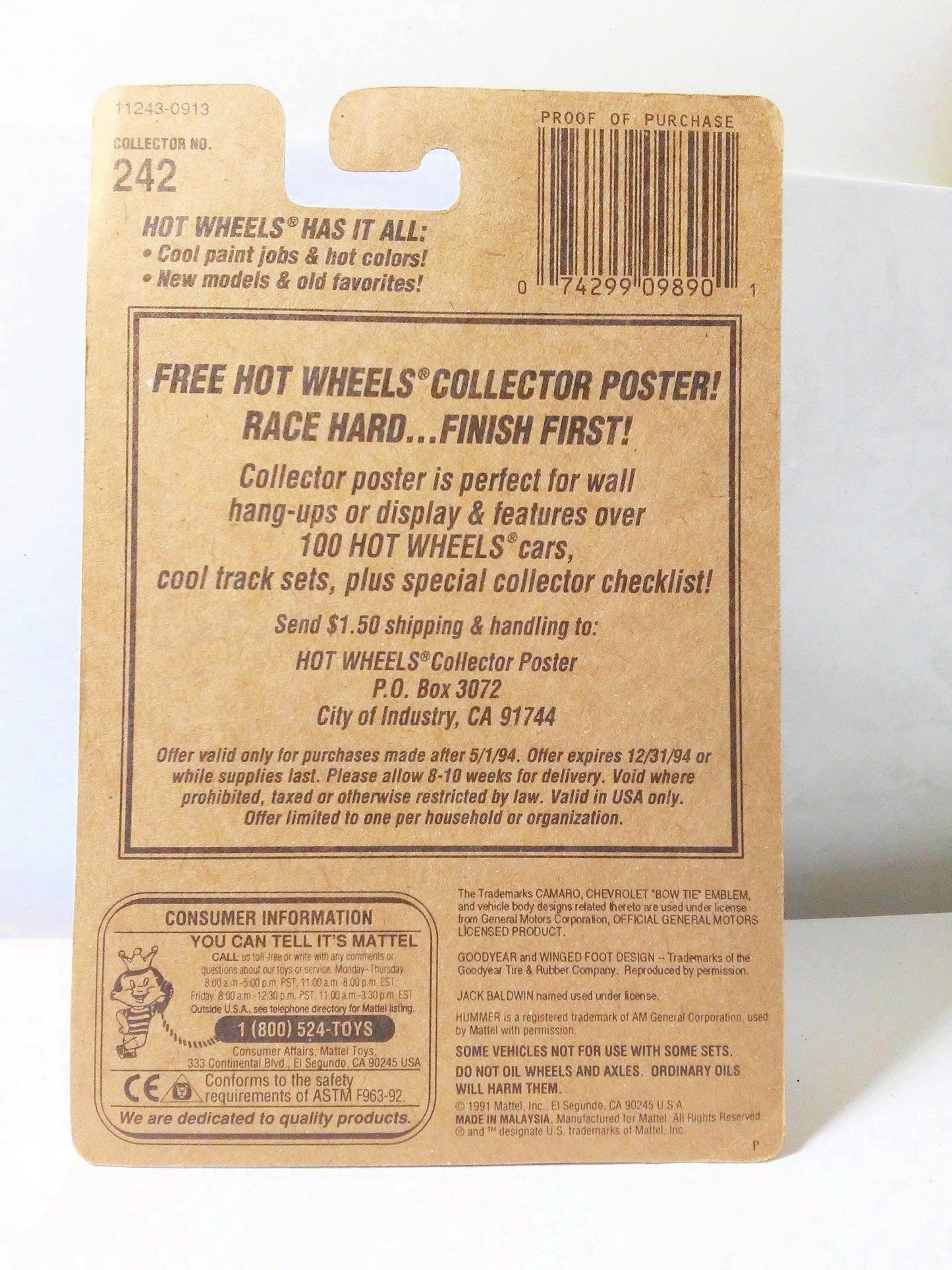 Hot Wheels Collector #242 1993 Camaro Jack Baldwin Racing Car Vintage Die Cast Metal Toy 1993 - TulipStuff