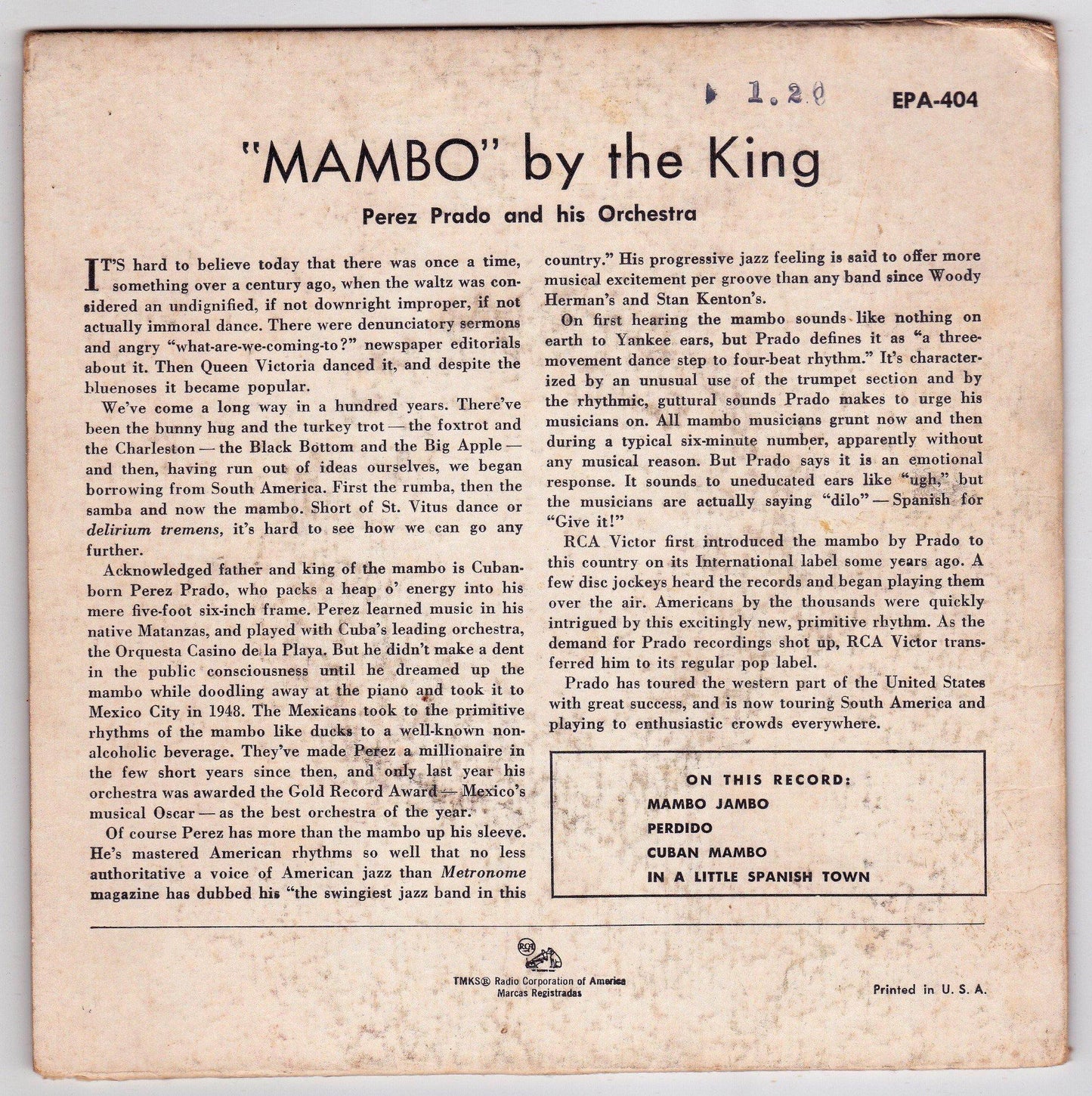 Perez Prado And His Orchestra Mambo By The King RCA Victor 45RPM EPA-404 1956 - TulipStuff