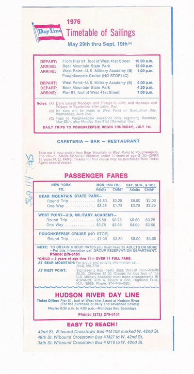 Vintage 1976 Hudson River Day Line New York Bear Mountain West Point Sightseeing Cruise Brochure - TulipStuff