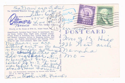 Biltmore Terrace Hotel Pool Cabana Club Miami Beach Florida 1950's Chrome Postcard - TulipStuff