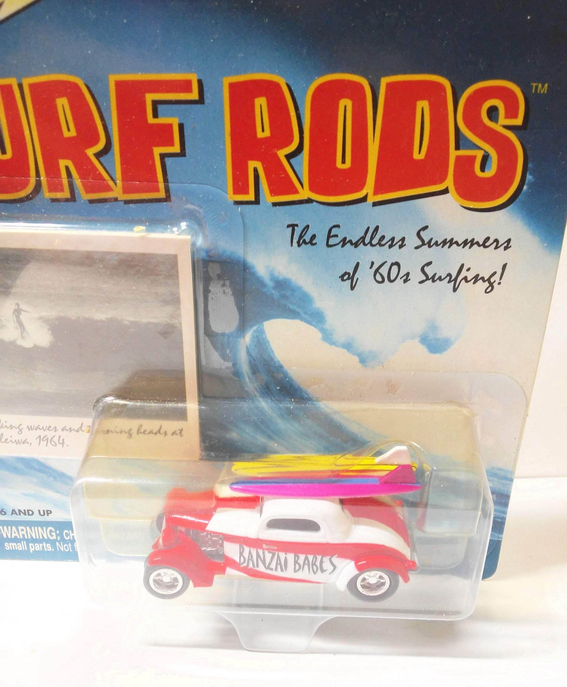 Johnny Lightning  Surf Rods Banzai Babes #556 Flathead Flyer Ford Coupe Diecast Car with Surfboards 2000 - TulipStuff
