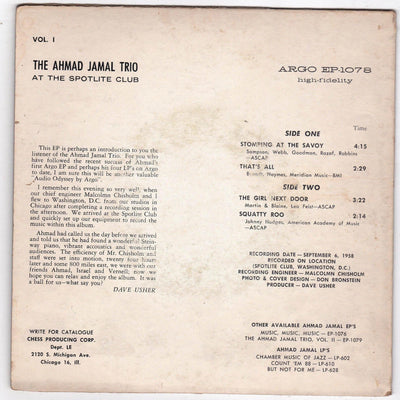 Ahmad Jamal Trio At The Spotlite Club 7 inch Vinyl ARGO EP-1078 1958 - TulipStuff