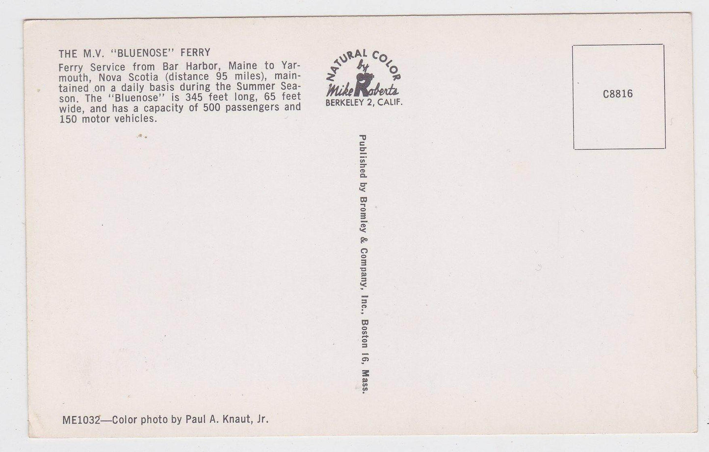 MV Bluenose Ferry Bar Harbor Maine Yarmouth Nova Scotia 1950's Postcard - TulipStuff