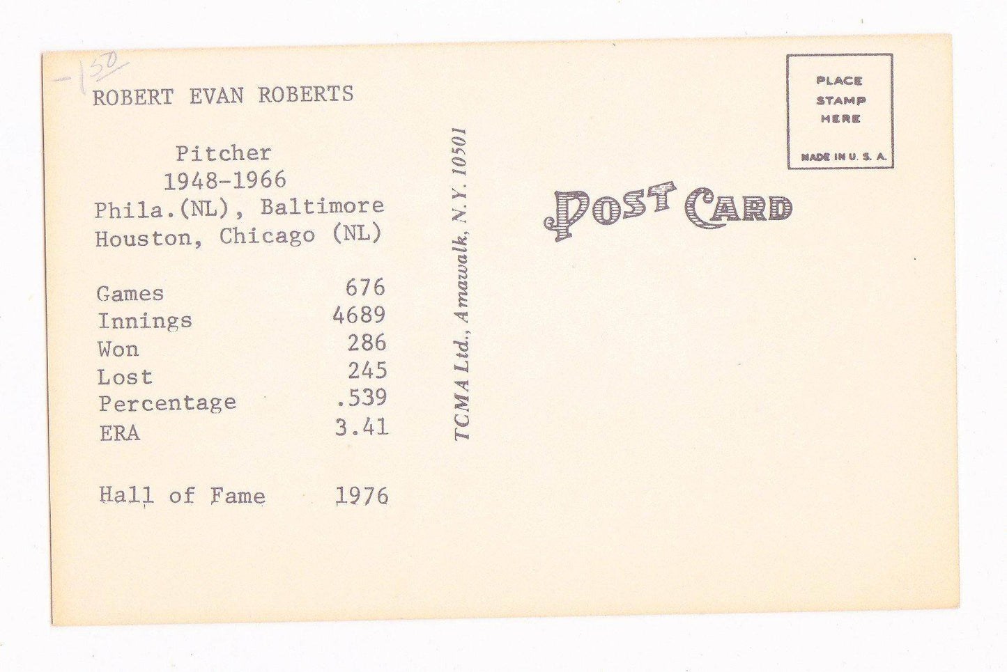 Robin Roberts All Time Greats TCMA 1970's Postcard Baseball Hall of Famer - TulipStuff