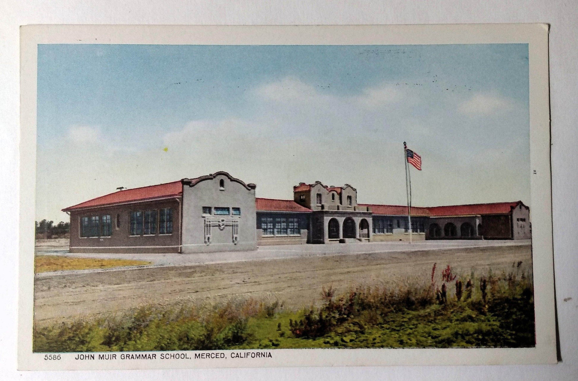 John Muir Grammar School Merced California 1920's Postcard - TulipStuff