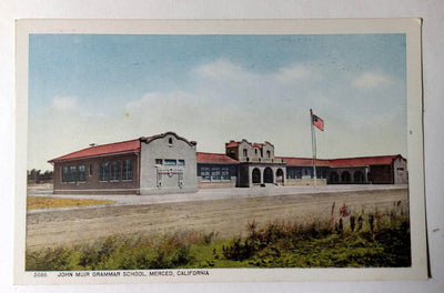 John Muir Grammar School Merced California 1920's Postcard - TulipStuff