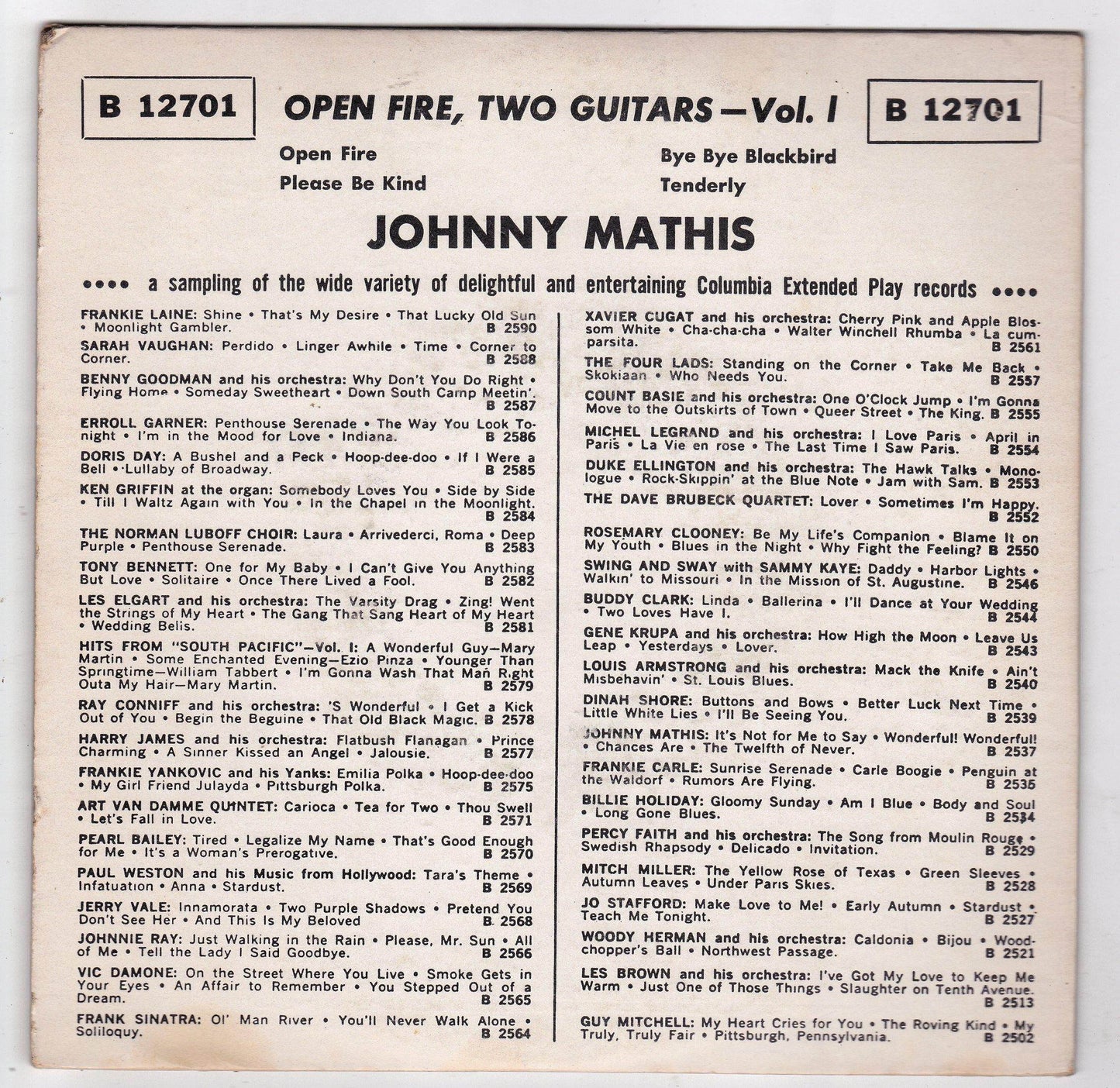Johnny Mathis Open Fire Two Guitars Vol I 7" EP 1959 Columbia B12701 - TulipStuff