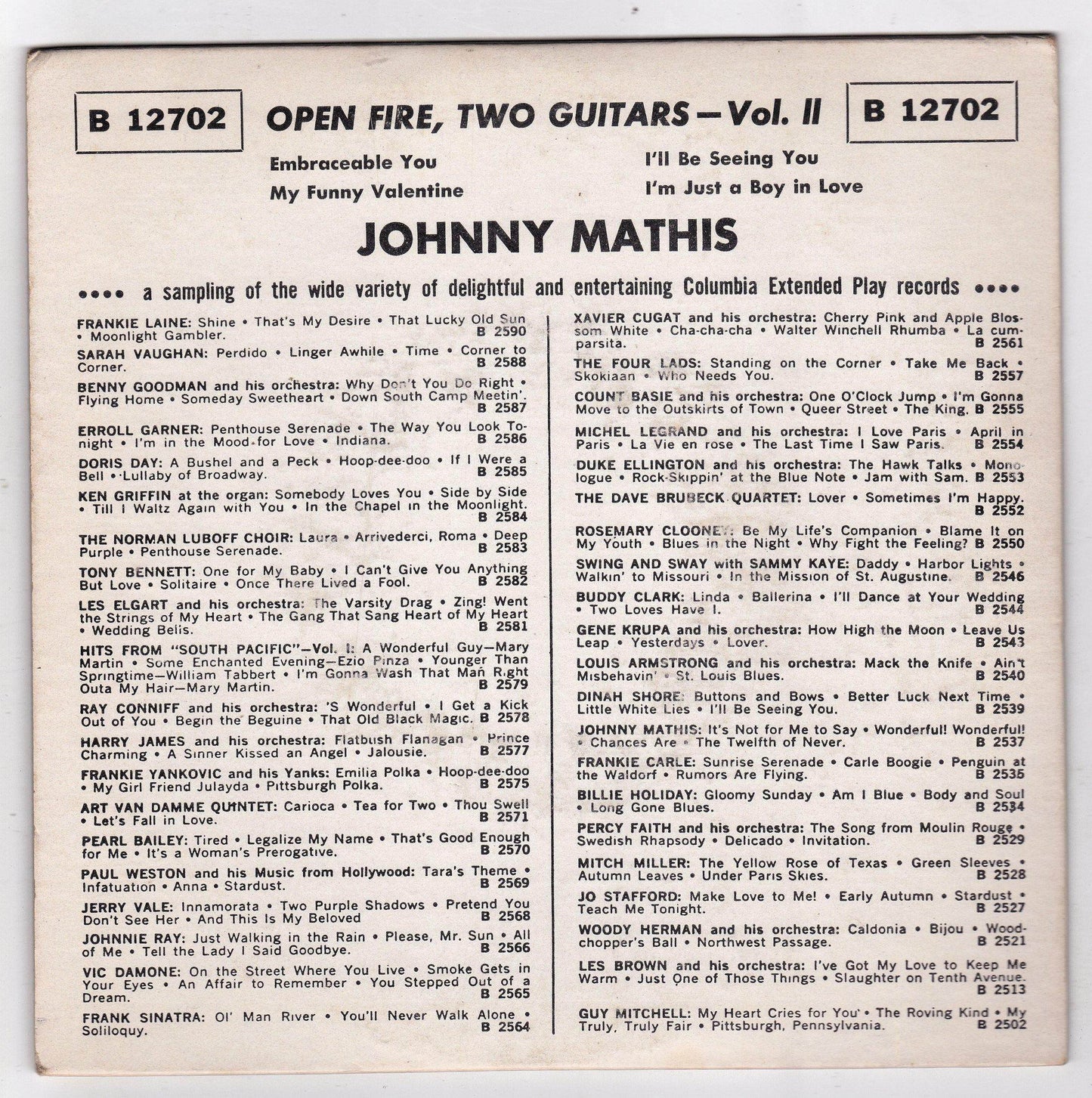 Johnny Mathis Open Fire Two Guitars Vol II 7" EP 1959 Columbia B12702 - TulipStuff