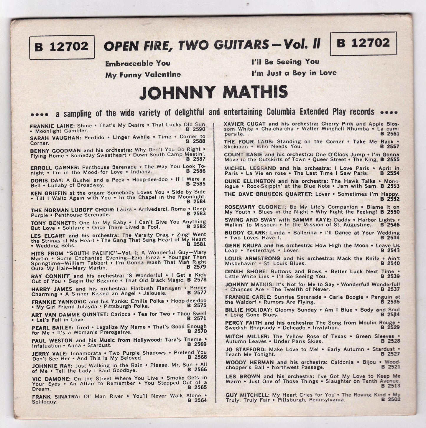 Johnny Mathis Open Fire Two Guitars Vol II 7" EP 1959 Columbia B12702 - TulipStuff