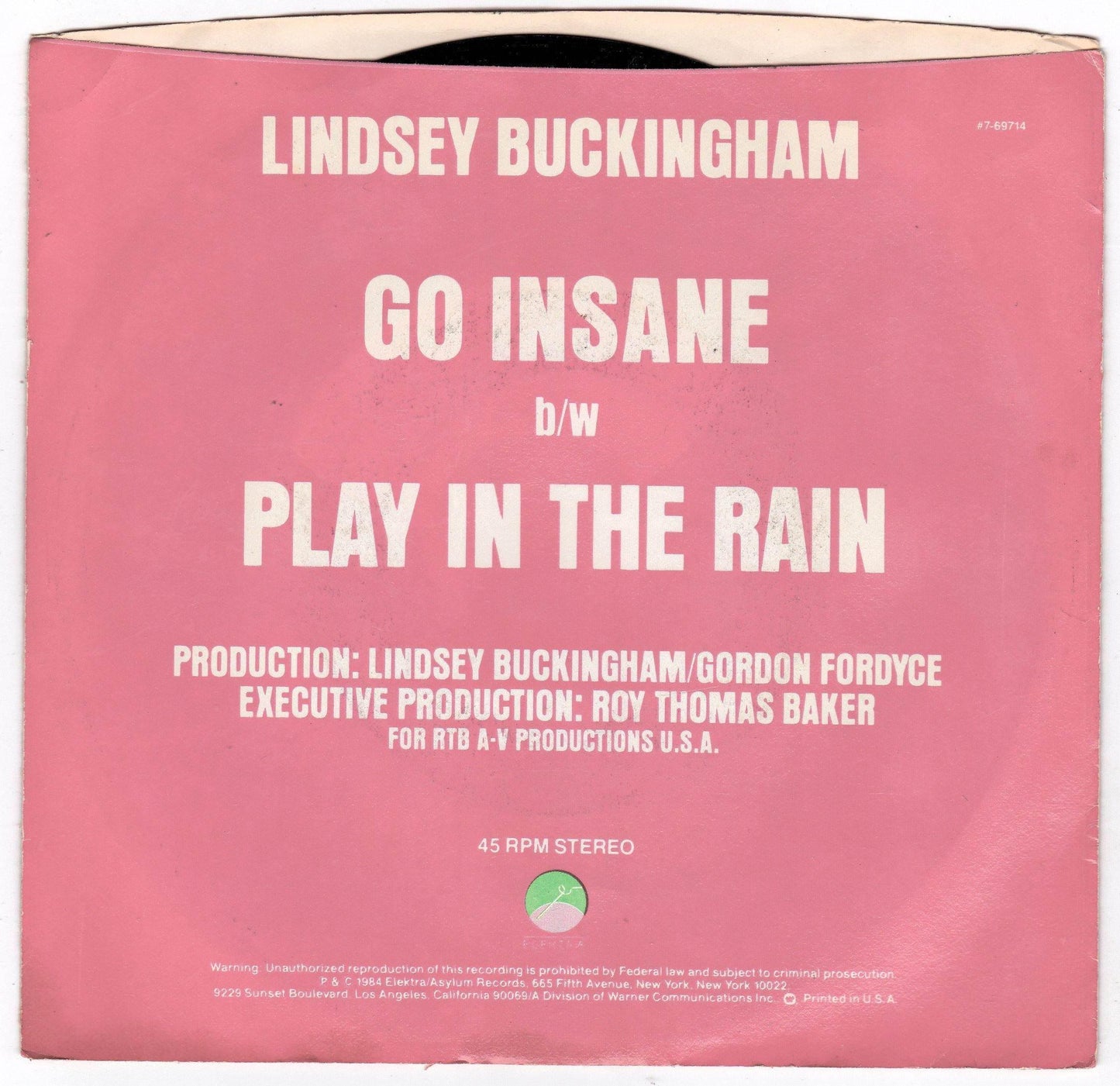 Lindsey Buckingham 7" 45rpm Vinyl Record 1984 Elektra - TulipStuff